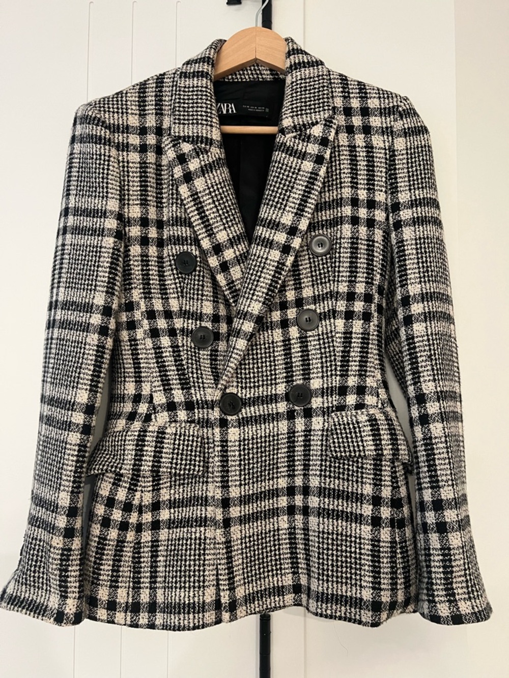 ZARA Black and White Plaid Double-Breasted Blazer